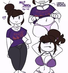 aged_up big_breasts black_hair bra dialogue heart jaiden jaiden_animations mature_female milf milf_jaiden mob_face muffin_top panties partially_clothed shirt_lift slightly_chubby slobbyslapper sssir sssir8 thick_thighs tired_eyes tummy youtube youtuber