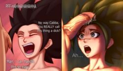 big_penis cabba caulifla dno dragon_ball dragon_ball_super erection faceless_male grower_not_a_shower humiliation instant_loss_2koma laughing saiyan small_penis surprised surprised_expression text