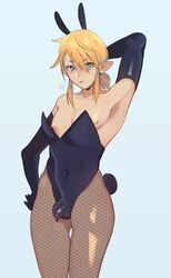 1boy androgynous arm_behind_head arm_up armpit armwear blonde_hair blue_eyes breasts breasts_out breasts_out_of_clothes breath_of_the_wild bulge bunny_boy bunny_costume bunny_ears bunny_tail bunnyboy bunnysuit bunnysuit_bulge closed_mouth covered_navel crossdressing femboy feminine_male fishnet fishnet_legwear fishnet_pantyhose fishnets girly gloves hylian latex latex_armwear latex_gloves legwear leotard link link_(breath_of_the_wild) looking_at_viewer male male_only mouth_closed nauko navel penis_under_clothes pointy_ears the_legend_of_zelda trap yaoi