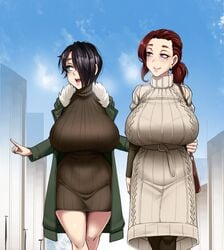 2girls ayako_(twrlare) black_hair blue_eyes breasts brown_hair cleavage clothing female female_only hair_over_one_eye huge_breasts looking_at_another pink_eyes ponytail saya_(twrlare) short_hair smile thick_thighs twrlare wide_hips