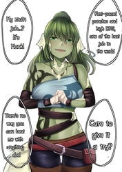 au_ra bandages blush english english_text final_fantasy final_fantasy_xiv green_eyes green_hair green_skin greenopi high_resolution horns large_filesize looking_at_viewer ponytail raen scales shino_senkatsu smug tattoo text tied_hair very_high_resolution white_background