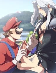 2boys after_oral bara blowjob blush brown_hair clothed clothing crossover cum cum_trail edd_layerex envelope facial final_fantasy final_fantasy_vii gay gloves handjob hat human human_only long_hair looking_at_another male male/male male_on_male male_only mario mario_(series) multiple_boys nintendo oral oral_sex outdoors penis pubic_hair sephiroth short_hair smash_invitation smirk super_smash_bros. tagme testicles white_gloves white_hair yaoi