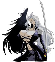 1girls final_fantasy final_fantasy_vii huge_breasts katana light-skinned_female light_skin long_hair rule_63 sephimom sephiroth slb smirk solo sword white_hair