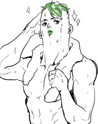 1boy abs green_hair green_lips jojo's_bizarre_adventure looking_to_the_side male_only masculine muscle out_of_shower pecs pesci solo_male sparkles thick_neck toned toned_male towel vento_aureo