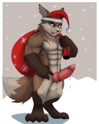 4:5 absurd_res anthro balls barazoku bodily_fluids canid canine christmas christmas_clothing christmas_headwear clothing coffeecat digital_media_(artwork) erection fennec fox fur genital_fluids genitals hair hat headgear headwear hi_res holidays looking_at_viewer male male_only mammal muscular muscular_anthro muscular_male nude penis santa_hat simple_background smile solo tongue tongue_out