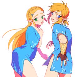 1boy 1girls 2018 armlet bare_arms blonde_hair blue_clothing blue_eyes blush bottomless braid breasts breath_of_the_wild brown_gloves champion's_tunic champion_link_(cosplay) clothing cosplay covering covering_ass crossplay demigoddess earrings embarrassed female fingerless_gloves french_braid gloves green_eyes hairclip hand_on_ass hylian leaning_forward link link_(breath_of_the_wild) link_(cosplay) long_ears long_hair looking_down loz_017 male medium_breasts naked_shirt nintendo no_pants open_mouth pointy_ears princess princess_zelda royalty shirt short_hair sidelocks simple_background standing sweat teeth the_legend_of_zelda thighs tongue white_background zelda_(breath_of_the_wild)