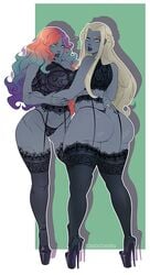 2girls ass big_ass blonde_hair blue_eyes blue_nail_polish blue_nails braid bustier colored_sclera curvaceous curvy curvy_figure dat_ass female female_only garter_belt garter_straps gold_eye grey_skin hand_on_hip heterochromia high_heels hourglass_figure huge_ass kokobuttz lace-trimmed_thighhighs lingerie lipstick long_hair long_legs looking_at_viewer looking_back multicolored_eyebrows multicolored_hair nail_polish narrow_waist platform_footwear platform_heels round_ass scars simple_background spike_heels stockings stripper_heels thigh_highs thighhighs thong trimmed_pubic_hair voluptuous wavy_hair