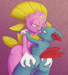 anthro anus ass bedroom_eyes bodily_fluids breast_squish breasts butt_grab drooling female female/female genitals hand_on_butt hi_res kissing narrowed_eyes nintendo pokemon pokemon_(species) pussy saliva seductive sneasel squish video_games weavile yuri zody300