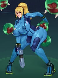 1girls areola_bulge areolae bodysuit breasts female female_protagonist firearm footwear handgun huge_breasts human metroid metroid_(creature) metroid_on_breast nintendo nipples pale_skin rampage0118 samus_aran thick_thighs tight_clothing weapon wide_hips wristwear zero_suit zero_suit_samus