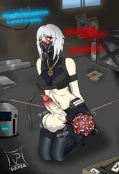 2girls arneb balls balls_expansion big_penis blush bondage bound breasts dialogue female fortnite futa_urethral_insertion futanari gas_mask huge_balls hush_(fortnite) makeup midriff necklace oversized_balls penis red_eyes rope shoulders sperm_cell tagme tears testicle_invasion text thighs urethral_insertion visiper_(artist) white_hair