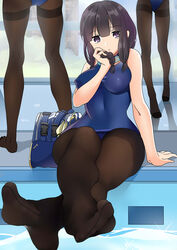 3girls absurdres ass bag bangs black_hair black_legwear blue_swimsuit blunt_bangs braid breasts crossed_legs day eyebrows_visible_through_hair feet fine_fabric_emphasis foot_fetish foot_focus goggles hair_over_shoulder highres indoors kantai_collection kitakami_(kantai_collection) legs long_hair looking_at_viewer medium_breasts multiple_girls no_shoes one-piece_swimsuit pantyhose pantyhose_under_swimsuit pdc pool poolside purple_eyes school_bag school_swimsuit school_uniform serafuku shadow single_braid sitting smile soles swimsuit that_pool thighband_pantyhose toe_scrunch water window