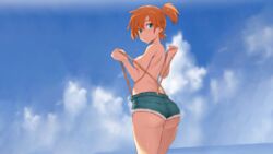 1girls absurd_res areolae bent_wrist big_ass blue_eyes blush breasts female female_only hi_res kasumi_(pokemon) looking_at_viewer looking_back noripachi orange_hair pokemon ponytail shirtless shorts solo topless wet_clothes