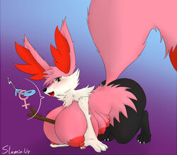 absurd_res all_fours anthro ass between_breasts big_breasts big_butt black_body black_fur blush braixen breast_squish breasts canid canine chest_tuft cute_fangs ear_tuft ejaculation eyeshadow female fur hanging_breasts hi_res huge_breasts huge_butt kyra_(stamin-up) lips looking_at_viewer lower_lip makeup mammal motion_lines multi_breast nintendo nipples pawpads pink_body pink_fur pokémon_(species) pokemon pokemon_(species) puffy_nipples shortstack smiling_at_viewer solo speech_bubble squish stamin-up stick thick_lips tuft video_games white_body white_fur wide_hips yellow_eyes