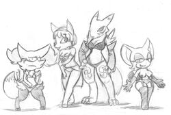 armwear bra braixen breasts canid canine chiropteran clothing crossover digimon digimon_(species) elbow_gloves epilepticgerbil female fox gloves group hand_behind_back hand_on_hip handwear holding_arm krystal lingerie looking_at_viewer mammal monochrome nintendo panties pokémon_(species) pokemon pokemon_(species) renamon rouge_the_bat simple_background sketch sonic_(series) sonic_the_hedgehog_(series) spread_arms standing star_fox underwear video_games white_background