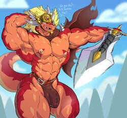 2019 abs anthro armor belt big_muscles big_penis biped bulge clothed clothing dialogue digital_media_(artwork) dragon drum_bunker_dragon english_text flaccid flexing future_card_buddyfight genital_outline headgear helmet looking_at_viewer male male_only melee_weapon muscular muscular_anthro muscular_male navel nipple_piercing nipples penis_outline piercing solo sword sxfpantera talking_to_viewer text topless weapon