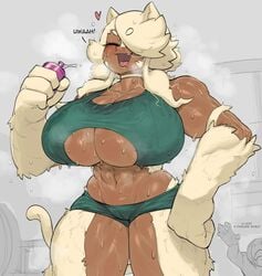 1girls abs alaska_(gats) breasts catgirl cleavage dark-skinned_female dark_skin female female_only huge_breasts krekk0v muscles muscular muscular_female short_shorts solo sweat sweat_stain thick_thighs