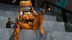 3d 3d_model alcohol anthro black_markings breasts crown echidna eyelashes female looking_down mammal markings mobian mobian_(species) mobian_echidna nipples orange_body orange_hair sega sitting sonic_(series) sonic_adventure sonic_the_hedgehog_(series) sonicthebitch tattoo tiara tikal_the_echidna whiskey