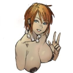 1girls analiss_oc areolae athorment_oc blue_eyes breasts brown_hair cleavage hayden_(analiss) looking_at_viewer necklace nipples nude short_hair smile v_sign