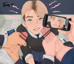 1girls 2boys blonde_hair blue_eyes censor_bar eyebrow_piercing fenqury gwen_stacy gwen_stacy_(spider-verse) marvel penis school_uniform shaved_side smartphone spider-man:_into_the_spider-verse surrounded_by_penises