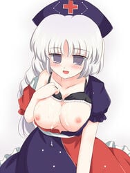 1girls areolae arm_support bangs blush bra bra_lift braid breast_suppress breasts breasts_out collarbone cum cum_on_body cum_on_breasts cum_on_upper_body dress eirin_yagokoro female flat_stare grey_eyes hat huge_breasts large_breasts lingerie long_hair looking_at_viewer nipples open_mouth ry silver_hair simple_background single_braid sitting smile solo straight_hair touhou underwear white_background white_hair