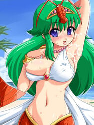 1girls areolae beach beachside bikini bikkuriman blush bracelet breast_slip breasts cum cum_on_armpit cum_on_body cum_on_upper_body eyebrows_visible_through_hair female female_only green_hair headgear jewelry jpeg_artifacts konpeto long_hair midriff navel necklace nipples outdoors pose purple_eyes shurin_puu solo sweat swimsuit tongue tongue_out