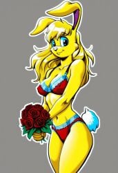 ai_generated female female_only furry holding_flower jazz_jackrabbit_(series) lori_jackrabbit red_bikini red_flower red_rose rose self_upload