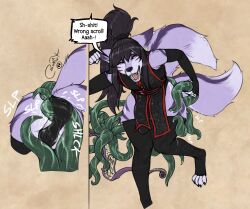 2025 absurd_res anal anal_sex anthro balls black_hair blokfort canid canine clothed clothing dialogue english_text fox fur genitals hair hi_res leggings legwear male mammal markings multi_tail open_mouth penetration penis profanity purple_body purple_eyes purple_fur purple_hair robe scroll simple_background sleeves slime solo standing struggling tail tentacle text