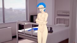 1nonbinary androgynous arms_crossed black_pants blue_shirt breasts cio425 completely_naked completely_nude doctors_office flat_chest front_view frontal glasses hospital_bed koikatsu light_blue_hair light_skin looking_away_from_viewer naked navel nonbinary nude pale_skin phoenix_(cio425) phoenix_wilkins pink_nipples pussy short_hair silver_eyes slim tagme vagina white_underwear