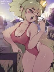 big_thighs brawl_stars cleavage crown leaning light-skinned_female mandy_(brawl_stars) open_mouth outside quickly_done sharp_teeth sideboob swimsuit white_washed