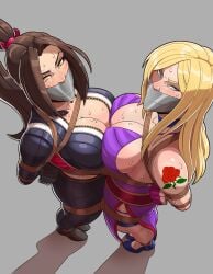 2girls angry angry_expression angry_face arms_bound asian asian_female b._jenet backless_dress backless_outfit bangs big_breasts black_jacket black_pants blonde-haired_female blonde_eyebrows blonde_female blonde_hair blue_choker blue_eyes blue_shoes bondage bound bound_and_gagged bound_ankles bound_arms bound_legs bound_together bound_torso box_tie breast_press breast_squish breasts breasts_out breasts_pressed_against_partner breasts_pressed_together breasts_to_breasts british british_female brown-haired_female brown_eyebrows brown_hair busty busty_female choker defeat defeated defeated_heroine deviantart deviantart_link deviantart_username dress exposed_shoulders fatal_fury fatal_fury:_city_of_the_wolves female female_only femsub furrowed_brow gag gagged gagged_female gray_background grey_background hands_behind_back hands_tied_behind_back helpless helpless_female hi_res high_heels high_resolution highres japanese japanese_female leather leather_clothing leather_gloves leather_jacket leather_pants lezsub light-skinned_female light_skin long_hair looking_at_viewer looking_up mai_shiranui mai_shiranui_(city_of_the_wolves) multiple_females multiple_girls multiple_subs overhead_view png ponytail ponytail_female purple_dress red_hairband restrained restrained_ankles restrained_arms restrained_legs restraints rope rope_around_breasts rope_around_thigh rope_around_waist rope_bondage rope_harness rose_tattoo skelebomb sleeveless sleeveless_dress snk sweat sweating sweaty sweaty_arms sweaty_body sweaty_breasts sweaty_face tape tape_gag taped_mouth tattoo tattoo_on_arm tattooed_arm thighs_together tied_ankles tied_arms tied_hair tied_legs tied_together tied_up video_game_character video_games yellow_eyes yuri