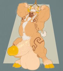 absurd_res anthro balls belly big_balls big_belly big_penis blue_eyes bodily_fluids bondage bondage bound bovid bovine brown_markings brown_nipples cattle front_view fur genitals glistening glistening_eyes gryblak hair hands_tied hi_res hooves horn huge_balls huge_cock humanoid_genitalia humanoid_penis lactating male male_lactation mammal markings musclegut muscular muscular_anthro muscular_male navel nipples nude open_mouth orange_body orange_fur overweight overweight_anthro overweight_male penis pubes short_hair solo standing tail tail_tuft tan_balls tan_penis tuft vein veiny_penis white_hair yellow_hooves yellow_horn