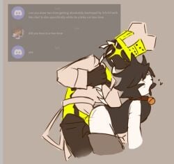 1x1x1x1 1x1x1x1_(forsaken) apron bell black_hair black_limbs cat_ears chef_hat chef_uniform collar detect_(artist) domino_crown forsaken_(roblox) heart kitty_cat_two_time pants pants_down roblox robloxian tail_pull two_time two_time_(forsaken) whiskers yellow_body yellow_crown yellow_eyes