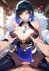 1boy 1girls ai_generated asymmetrical_gloves bangs bare_shoulders black_gloves black_hair blue_dress blue_hair blush bob_cut breasts cleavage cleavage_cutout clothed_female_nude_male clothed_sex clothing clothing_cutout cowgirl_position cowgirl_position curvaceous curvaceous_female curvaceous_figure curvy curvy_figure diagonal_bangs dice dress earrings elbow_gloves female female female_focus fingerless_gloves fur-trimmed_jacket fur_trim genshin_impact gloves grabbing grabbing_another's_breast gradient_hair green_eyes grin groping guided_breast_grab guiding_hand hoyoverse huge_breasts jacket jacket_on_shoulders jewelry large_breasts legwear looking_at_viewer male mismatched_gloves miyuai mole mole_on_breast multicolored_hair neck_ring nipples nude on_top pantyhose parted_lips pelvic_curtain penis pussy sex short_hair single_elbow_glove smile solo_focus spread_legs straddling straight sweat tassel thigh_boots thighhighs thighs tight_clothes tight_pants torn_clothes torn_pantyhose two-tone_hair vaginal_penetration vision_(genshin_impact) voluptuous voluptuous_female white_jacket yelan_(genshin_impact)