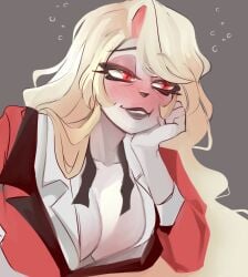 1girls blonde_hair blush breasts charlie_morningstar_(hazbin_hotel) cleavage clothed deerlydepart female female_only hazbin_hotel red_eyes suit