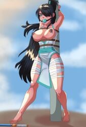 1girls ball_gag barefoot black_hair blue_eyes bondage bound exposed_breasts female female_only femsub gag gagged nipple_clamps png pole pole_tied puffpow rope