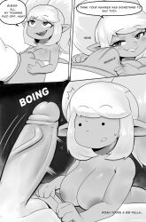 absurd_res areola big_breasts biped bite biting_lip biting_own_lip breasts bulge clothing comic dialogue eyebrows eyelashes female genitals hair hi_res league_of_legends male male/female nebssik not_furry nude penis poppy_(lol) pupils riot_games self_bite smile speech_bubble tencent text thick_thighs underwear yordle