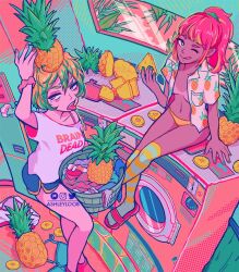 2girls artistic_nude ashleyl00b basket bra_on_floor breasts breasts_out dolphin_shorts female_only fruit green_hair hawaiian_shirt human laundry multicolored_hair open_clothes open_shirt panties pineapple pink_hair retro_artstyle sitting_on_washing_machine striped_legwear tanline tongue tongue_out washing_machine wink winking_at_viewer