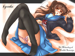 brown_eyes brown_hair kyonko long_hair lying panties ponytail pussy_juice rule_63 school_uniform serafuku shimoduki_hokouei shimozuki_hokouei striped striped_panties suzumiya_haruhi_no_yuuutsu thighhighs tied_hair underwear