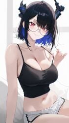 belly_button big_breasts black_hair cleavage female female_only glasses hololive hololive_english horns large_breasts nerissa_ravencroft no_sex red_eyes short_hair thin_waist tummy virtual_youtuber vtuber