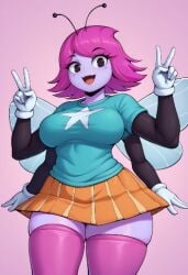 1female 4_arms ai_generated antennae_(anatomy) big_breasts black_eyes blue_shirt cute disney disney_channel fully_clothed furry furry_only insect_girl insect_wings looking_at_viewer maggie_(the_buzz_on_maggie) maggie_pesky multi_arm peace_sign pink_background pink_legwear pixel_art safe_for_work sfw skirt stable_diffusion the_buzz_on_maggie thick_thighs