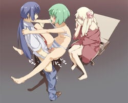 barefoot bra bra_lift breasts cheating clothed_sex clothing cuckold cum cum_in_pussy cum_inside feet flower hand_on_shoulder happy_sex holding_up leg_hold leg_holding legs lingerie macross macross_frontier neemui netorare nipple nipples panties panties_aside penetration pussy ranka_lee saotome_alto sex sheryl_nome small_breasts spread_legs standing strap_slip striped striped_panties uncensored underwear upright_straddle vaginal_penetration