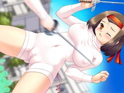 1girls bandana blush breasts brown_hair cameltoe clitoris clitoris_through_clothes erect_clitoris erect_nipples female fencing game_cg hairband jpeg_artifacts leotard love_bulge navel open_mouth orange_eyes original pussy see-through skin_tight solo source_request sweat sword tanuki_yousuke weapon wink