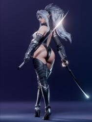 2025 3d dark_elf elf elf_ears female high_heels highres pointed_ears ryanreos sword white_hair
