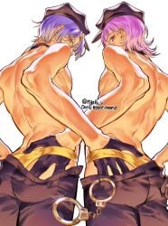 2boys blue_eyes blue_hair gay gold_underwear hand_on_ass looking_at_viewer looking_back male male_focus male_only muscular_femboy panty_&_stocking_with_garterbelt pink_hair polyester_(psg) polyurethane_(psg) red_eyes stripper stripping studio_trigger