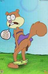 anthro ass bikini bikini_bottom bikini_top clothing dialogue feces feces_in_ass feces_on_ground female hi_res looking_at_viewer mammal nickelodeon pooping_on_floor raised_tail rodent sandy_cheeks scat sciurid solo southern southern_accent spongebob_squarepants squirrel surprised swimwear tail teeth_showing thedispenser69 tree_squirrel two-piece_swimsuit walk-in