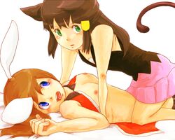 alternate_costume animal_ears azuma_yukihiko blush breasts brown_hair bunny_ears cat_ears cat_tail clothing dawn_(pokemon) female female_only flat_chest green_eyes human_only humanoid kemonomimi_mode lying may_(pokemon) multiple_girls nipples open_clothes open_shirt orange_hair pokemon pokemon_dppt pokemon_rse shirt straight_hair tail yuri