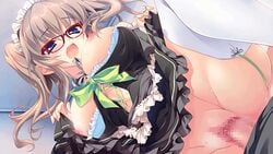 1boy 1girls 9_-nine-_(series) 9_-nine-_kokonotsu_kokonoka_kokonoiro animated big_breasts blue_eyes blush bouncing_breasts breasts breasts_out censored cowgirl_position eyebrows_visible_through_hair game_cg glasses highres izumi_tsubasu kujou_miyako light_brown_hair maid maid_headdress maid_uniform mosaic_censoring open_mouth palette_(group) pleasure_face pov skirt_lift thighhighs twintails