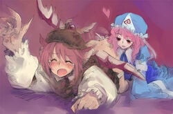 animal_ears female fingering hat heart ikuhana_niiro japanese_clothes kimono multiple_females mystia_lorelei panties pink_hair ribbon ribbons sketch tears touhou underwear wings yuri yuyuko_saigyouji