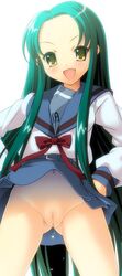 fugetsu_taku green_hair long_hair navel no_panties photoshop school_uniform serafuku suzumiya_haruhi_no_yuuutsu tsuruya uncensored very_long_hair yellow_eyes