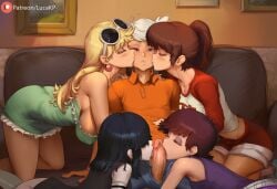 1boy 4girls ai_generated black_hair blonde_female blonde_hair blonde_hair blonde_hair_female brother brother_and_sister brown_hair closed_eyes clothed couch emo female femdom goth goth_girl incest kissing kissing kissing_cheek kissing_penis kneeling leni_loud licking licking_penis lincoln_loud living_room luan_loud lucakp lucy_loud luna_loud male orange_shirt patreon patreon_link patreon_logo patreon_url patreon_username penis shirt sister sisters sitting sitting_on_sofa sofa sunglasses tagme the_loud_house white_hair